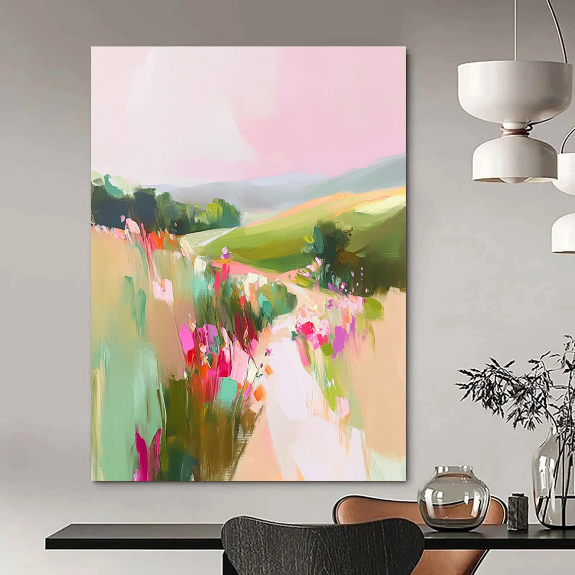 A large abstract painting of English countryside with pastel pinks and greens featuring rolling hills and wildflowers for a romantic tranquil atmosphere.STSC1202