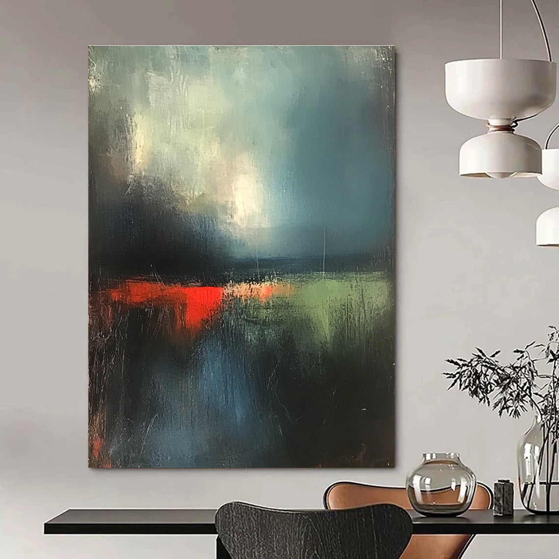 Abstract painting of the English landscape featuring dark green sky and atmospheric clouds with red lighting and soft textures using thick brush strokes.STSC702
