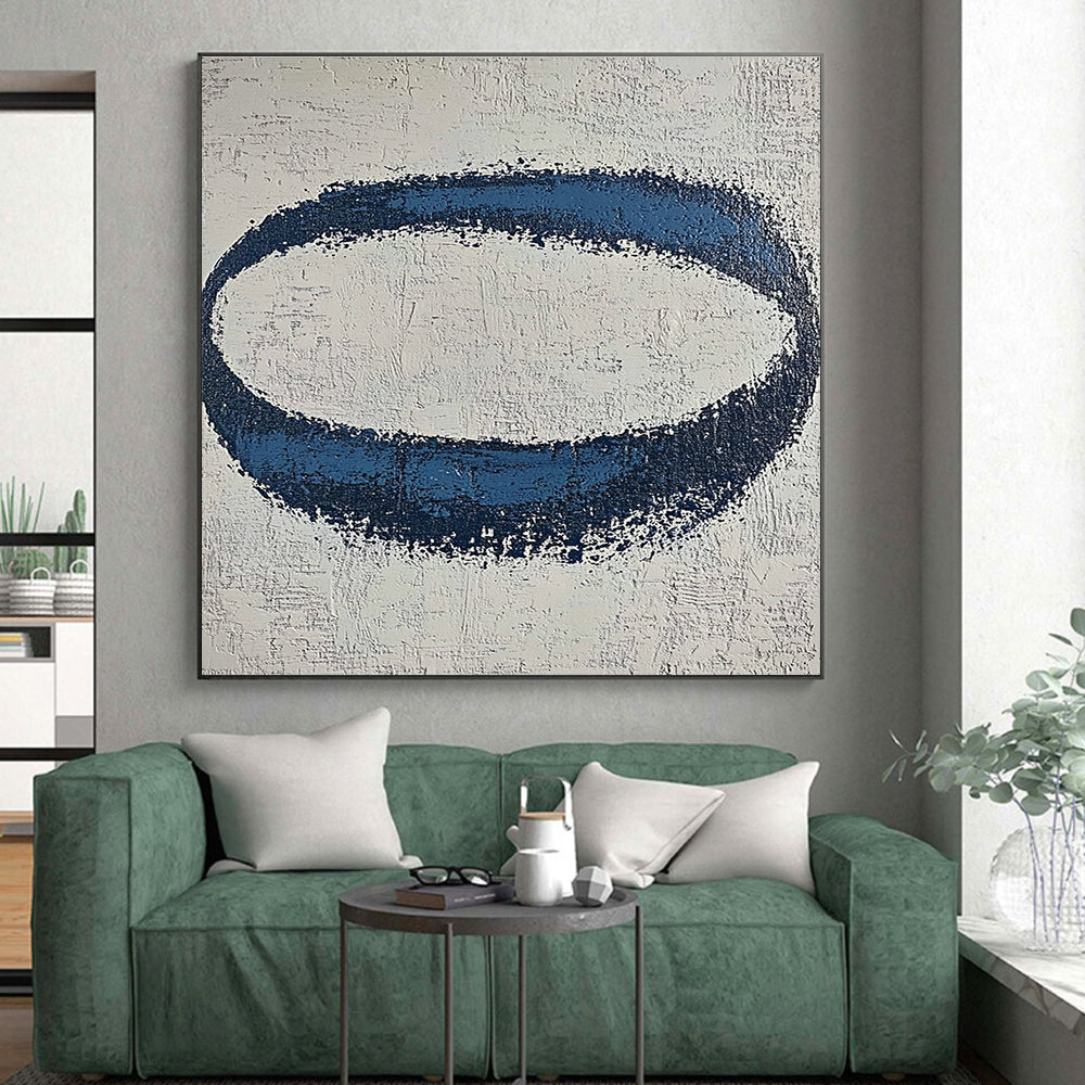 Blue Oval on Textured White Abstract Painting with Rough Edges GER024