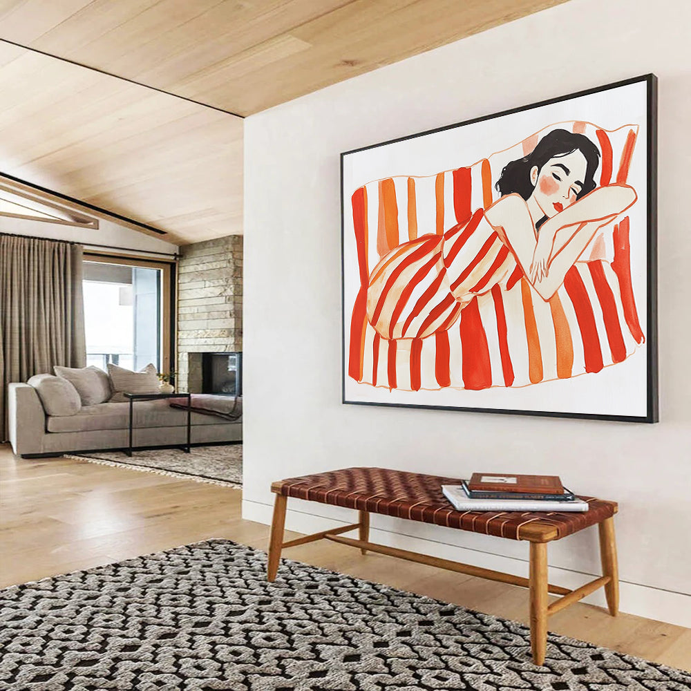 An abstract gouache illustration features a woman on a striped couch with bright red and orange stripes against a white background.SC573