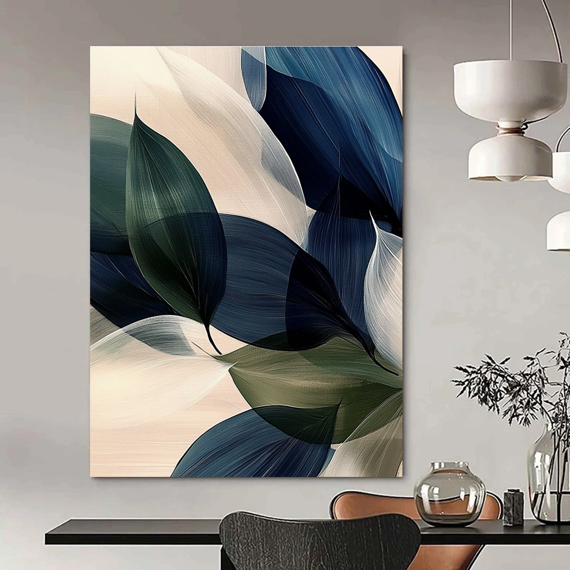 Large abstract painting of navy blue green and white large leaves with soft edges and subtle gradients on a light background.STSC685