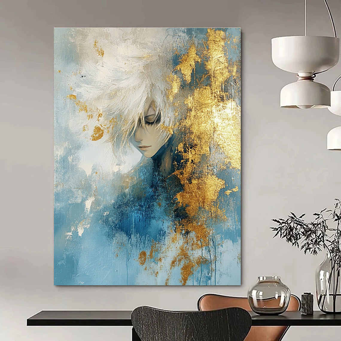 Large abstract painting with textured light blue and gold hues accented by gold foil creating an atmospheric effect.STSC449