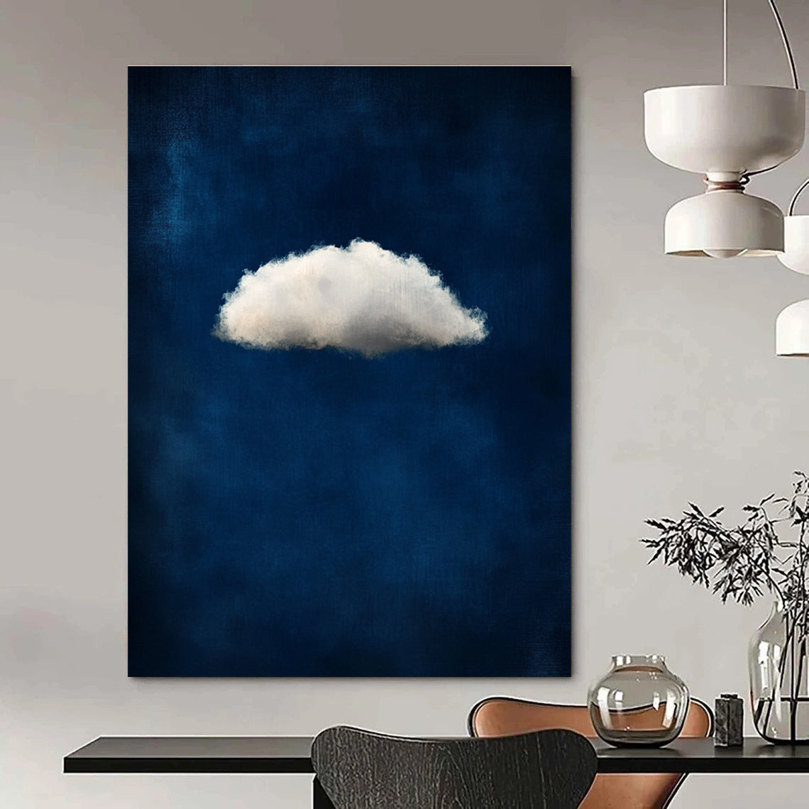 A large abstract painting featuring a small white cloud on a dark blue background evoking ethereal and dreamy atmospheres with soft tones.STSC1403