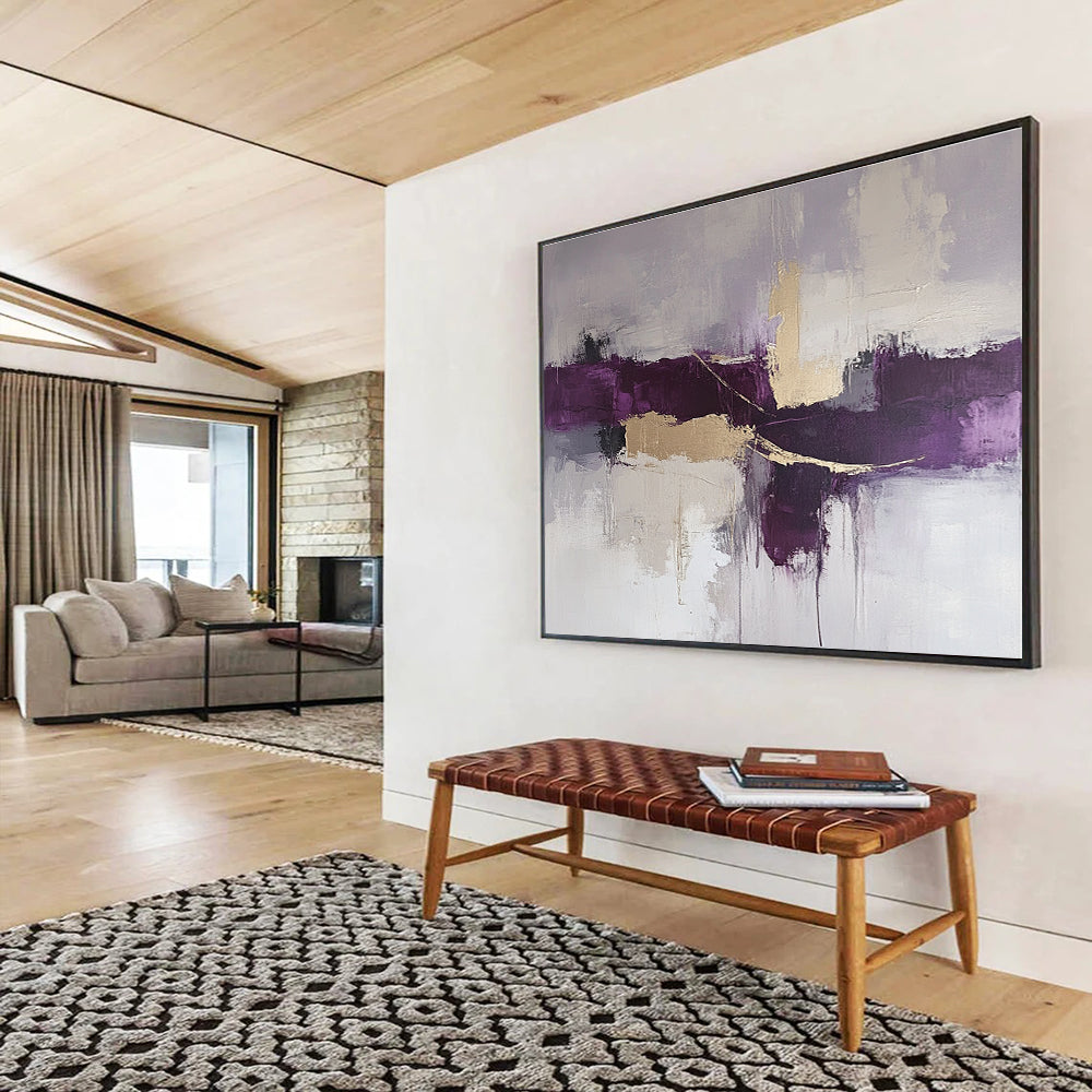 Large abstract painting in purple and gray tones with beige accents featuring thick loose brush strokes for a dynamic artistic expression.SC088