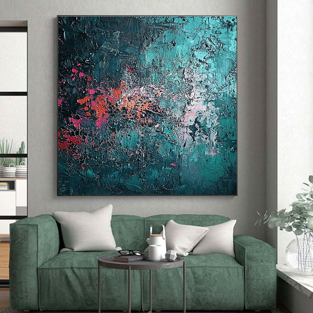 Teal Pink and Orange Textured Abstract Painting with Crackle Effects GER642