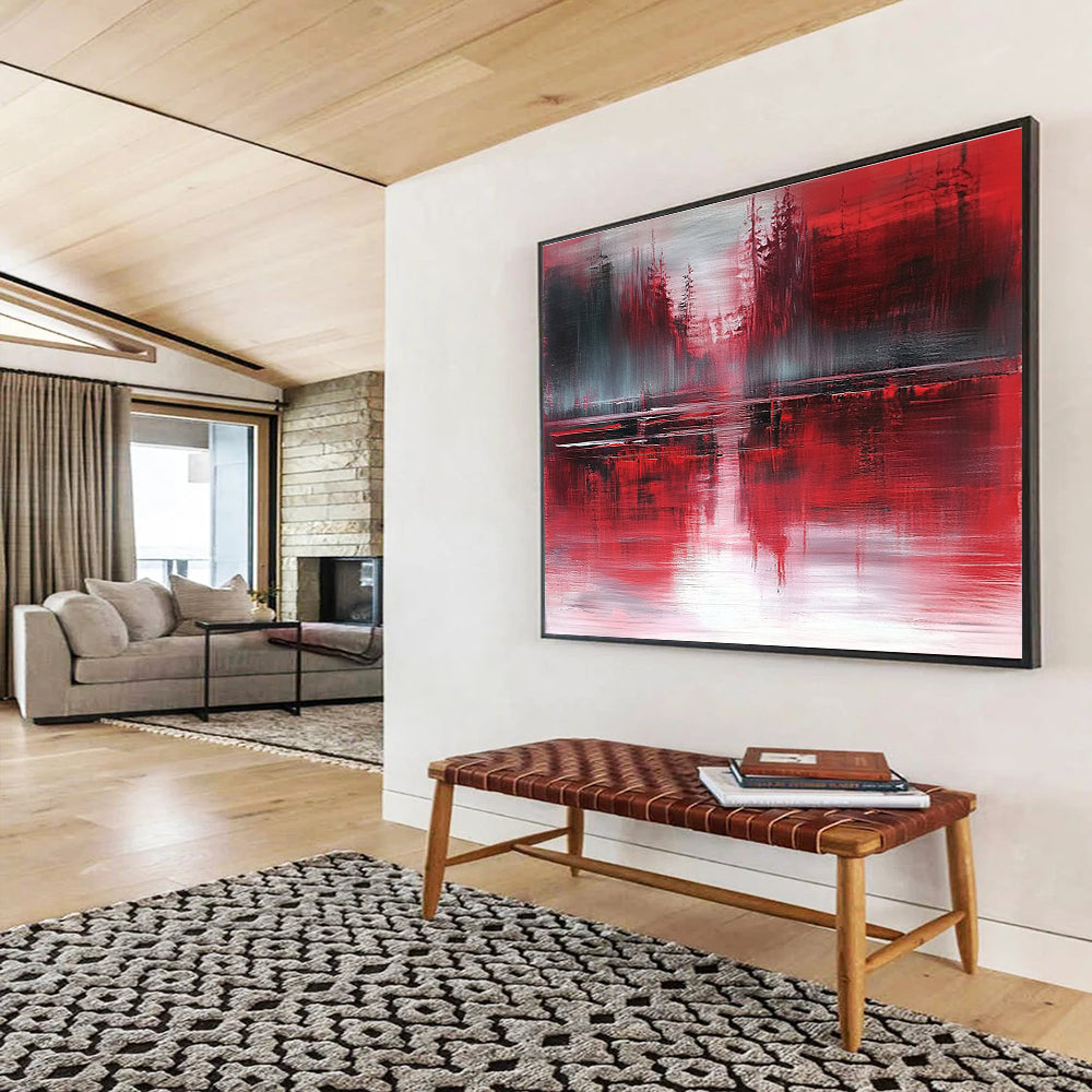 Large abstract painting featuring atmospheric landscape in red and gray tones with reflective water inspired by expressionist style of Richard L. Short.SC155