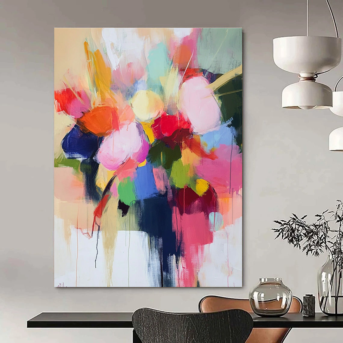 Large abstract painting with loose brush strokes in pastel colors featuring a vibrant floral vase and harmonious shapes conveying joy and optimism.STSC773