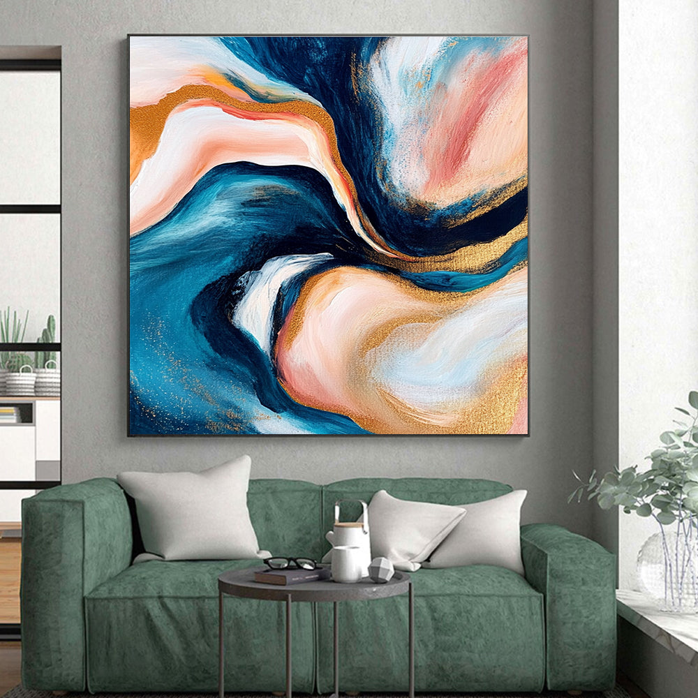 Blue Pink Gold Abstract Painting with Swirling Patterns GER782