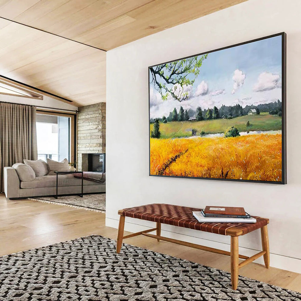Countryside Field Abstract Painting with Yellow, Green, and Blue Tones THY208