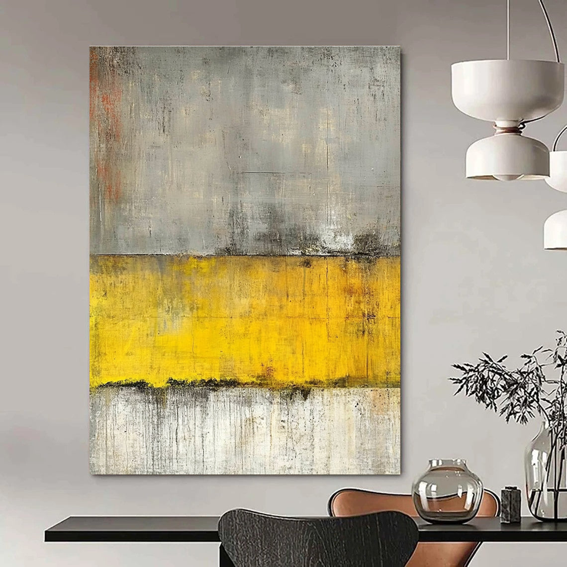 Large abstract painting featuring gray and yellow tones with a concrete texture and grainy canvas highlighted by horizontal lines.STSC233