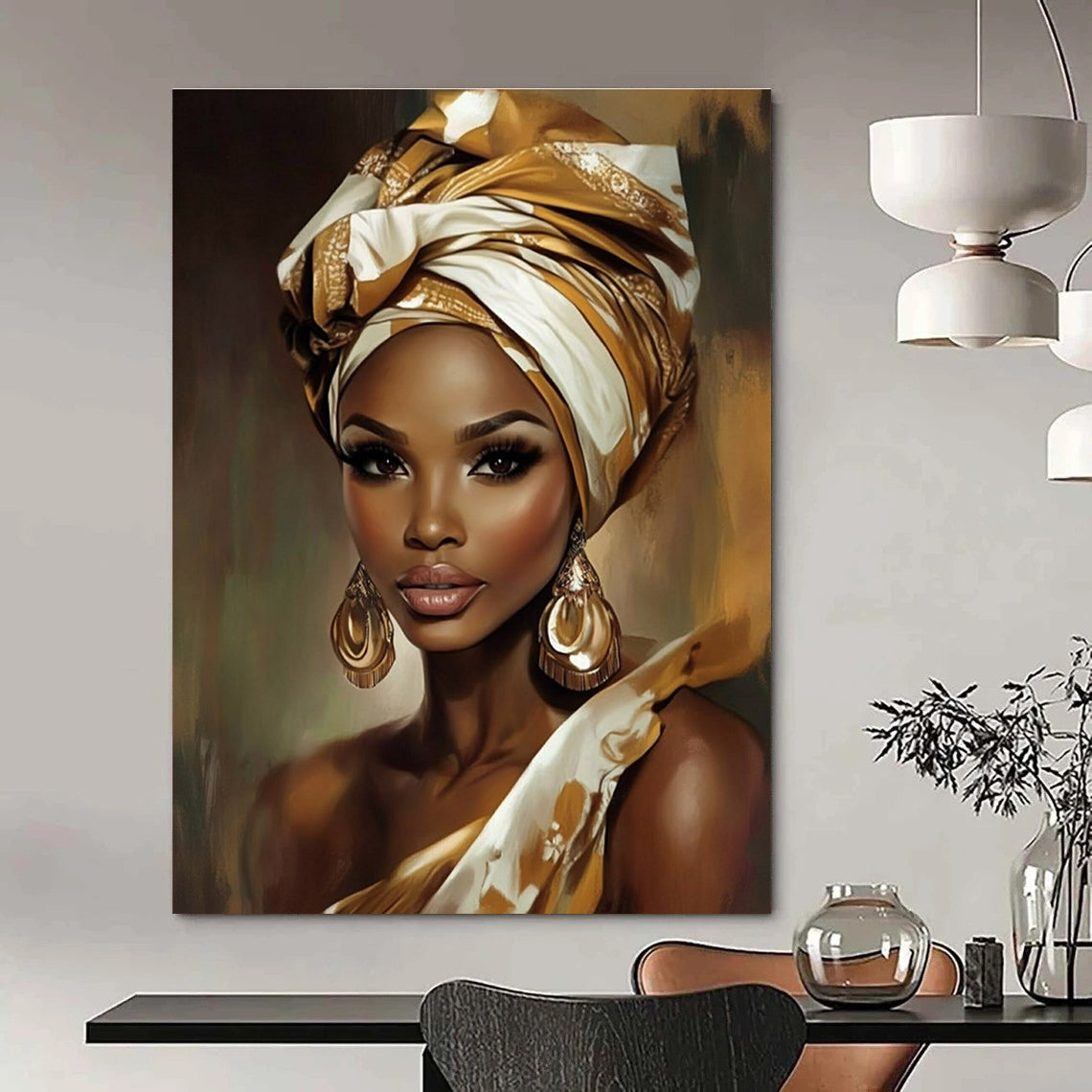 A large abstract painting showcasing a beautiful African woman adorned with a gold and white head wrap and large earrings.STSC892