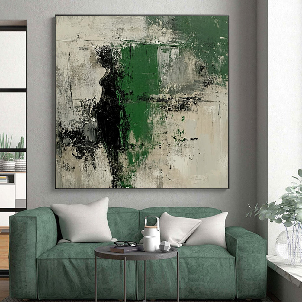 Black Green and Gray Abstract Painting with Enigmatic Forms GER526