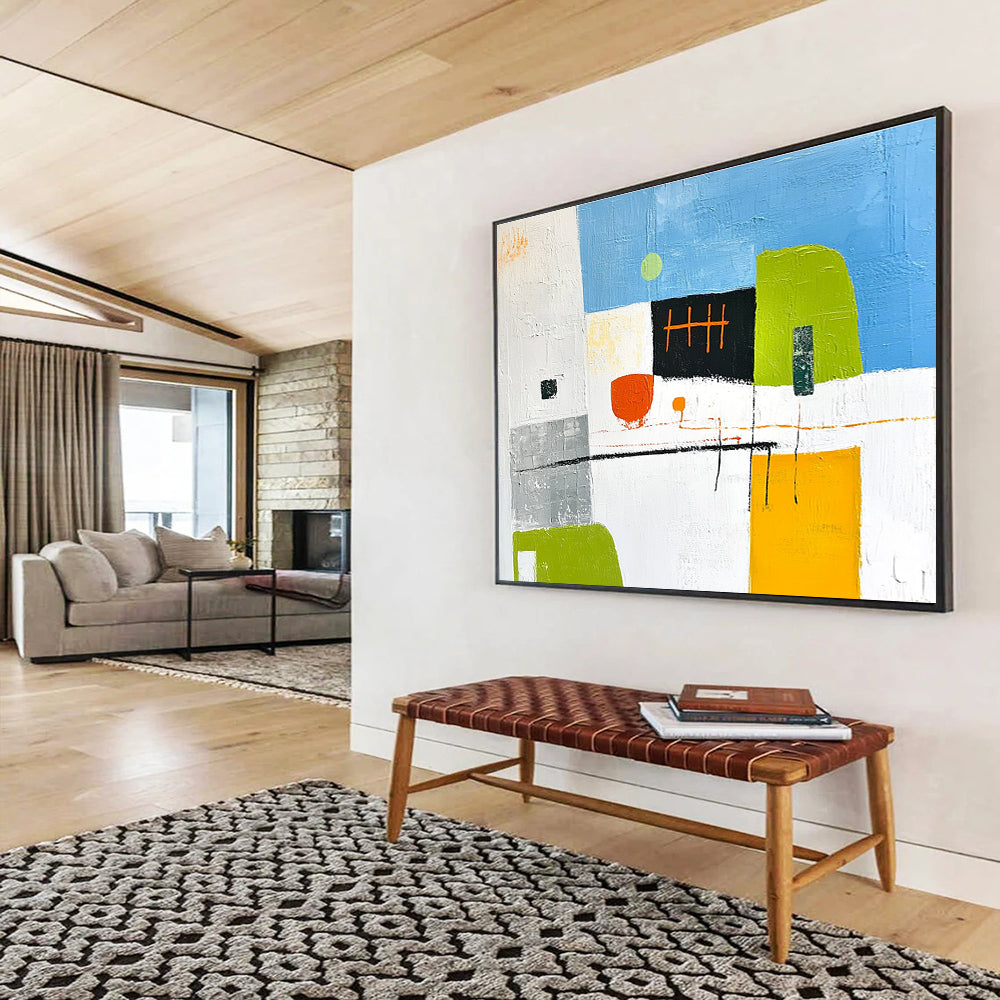 Abstract modern painting featuring architectural elements in green and yellow accents with orange lines grey buildings and a blue sky on a white background.SC099