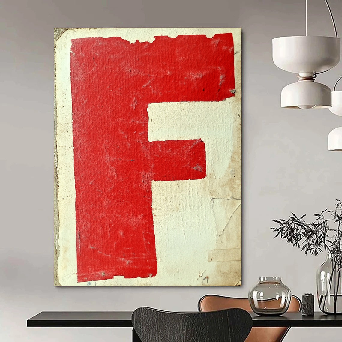Large abstract artwork featuring red and white graffiti of the letter F with simple shapes on textured paper inspired by Gerd Arntz style.STSC1415