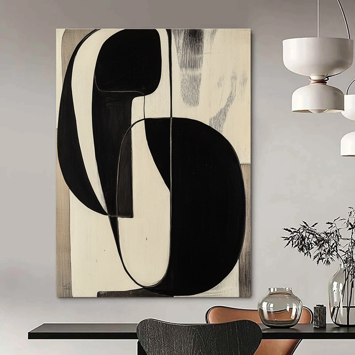 Large abstract painting reminiscent of Jean Arp featuring black and white shapes on a wood panel for a striking visual impact.STSC472