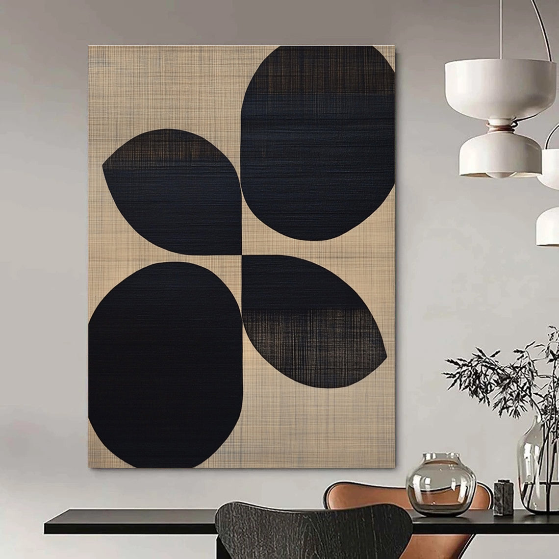 Large abstract painting featuring black oval shapes on a beige wood grain background reflecting midcentury modern organic design.STSC312