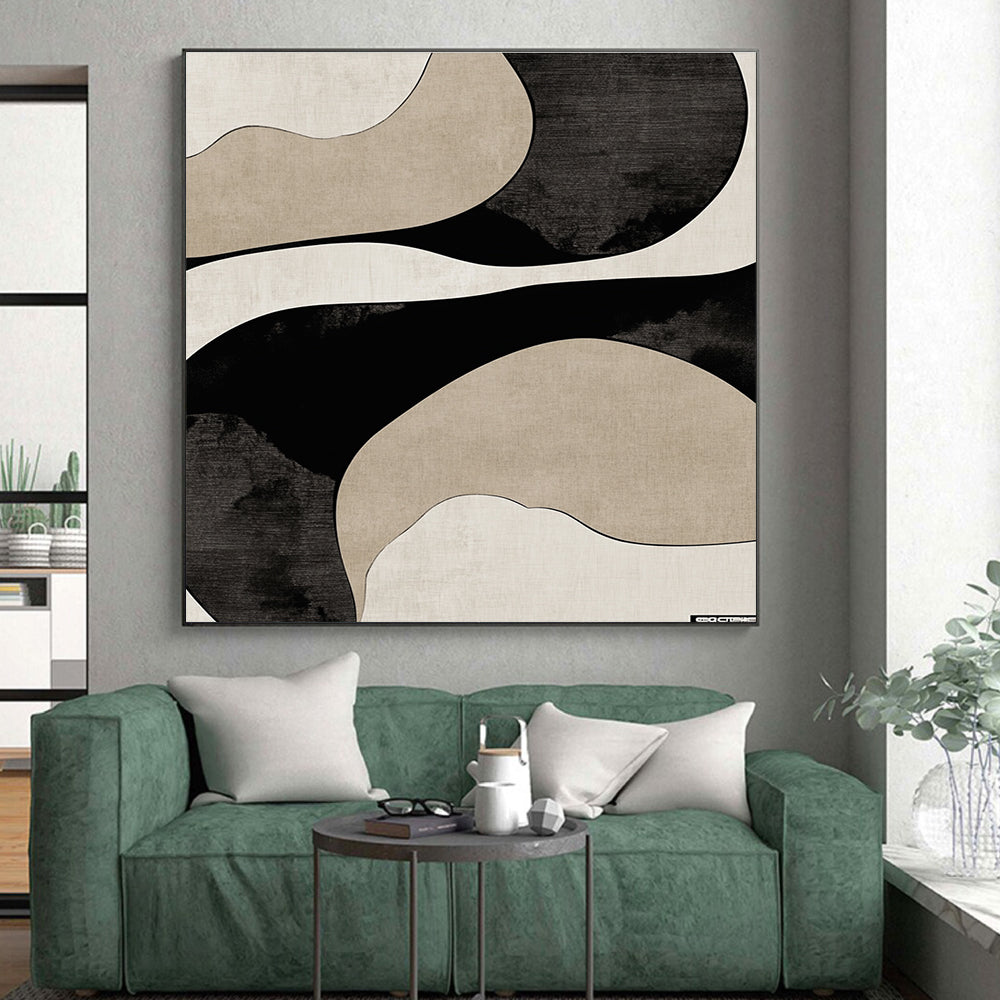 Black and Beige Curved Abstract Painting with Flowing Lines GER064