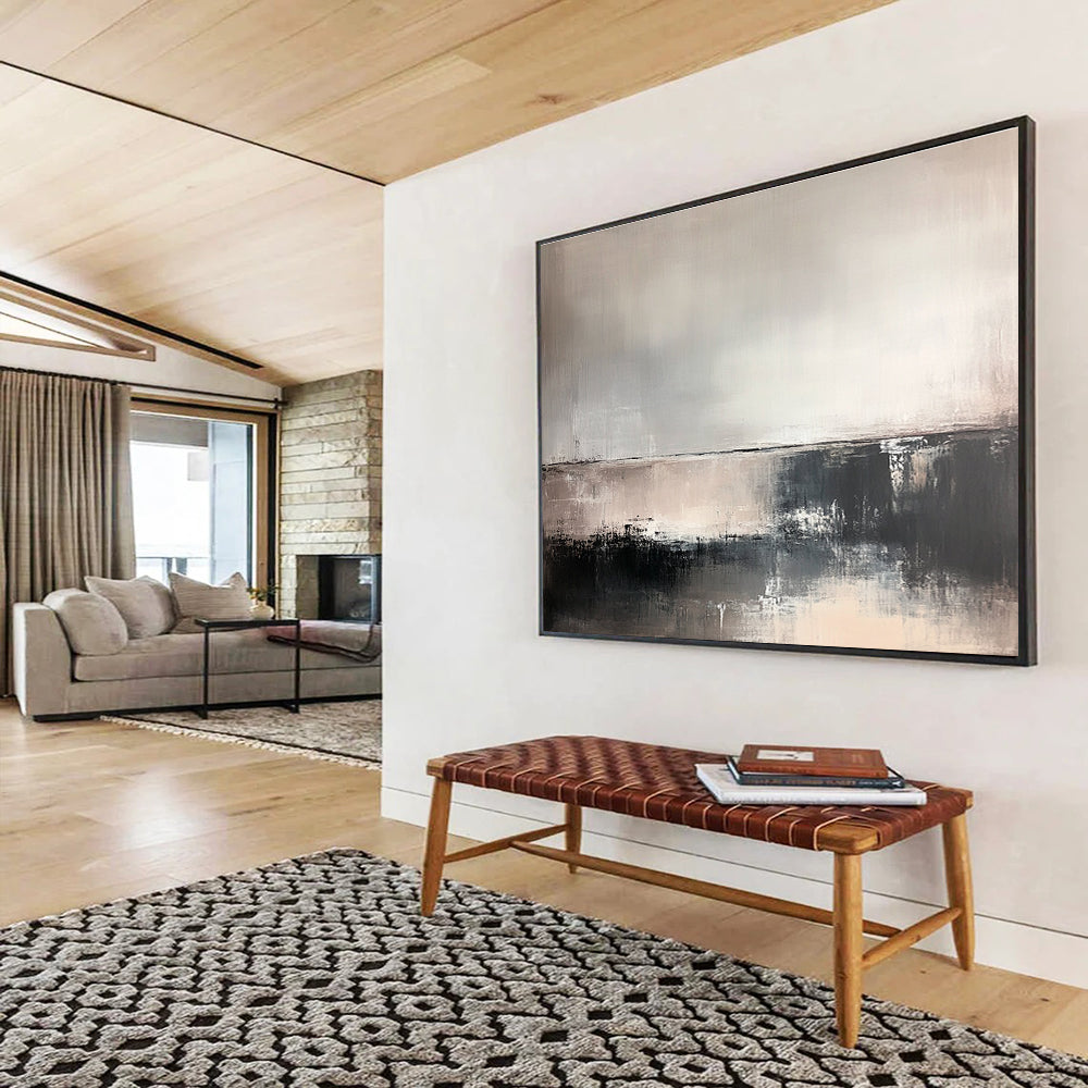 Large abstract painting in soft neutral tones featuring deep textures and a faint horizon line, evoking tranquility and contemplation in an abstract landscape.SC382