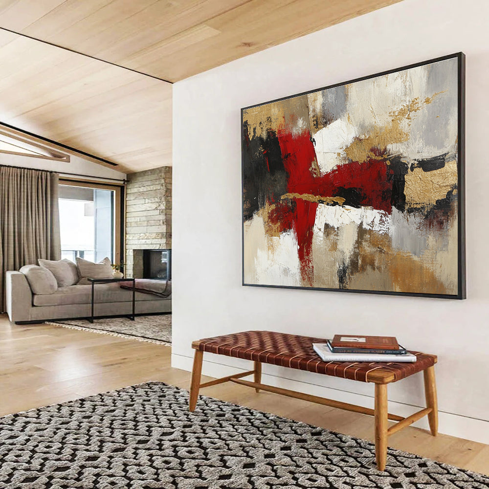 A large abstract painting with red white and brown tones featuring organic layers textures and a blend of realism and abstraction.SC381
