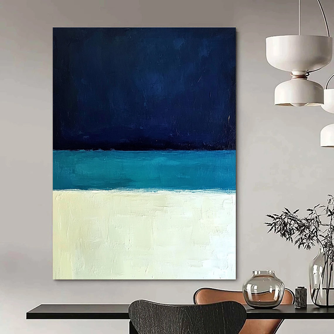 Large abstract painting featuring a minimalist ocean scene with blue tones white sand beach and a dark sky in Rothko style.STSC884