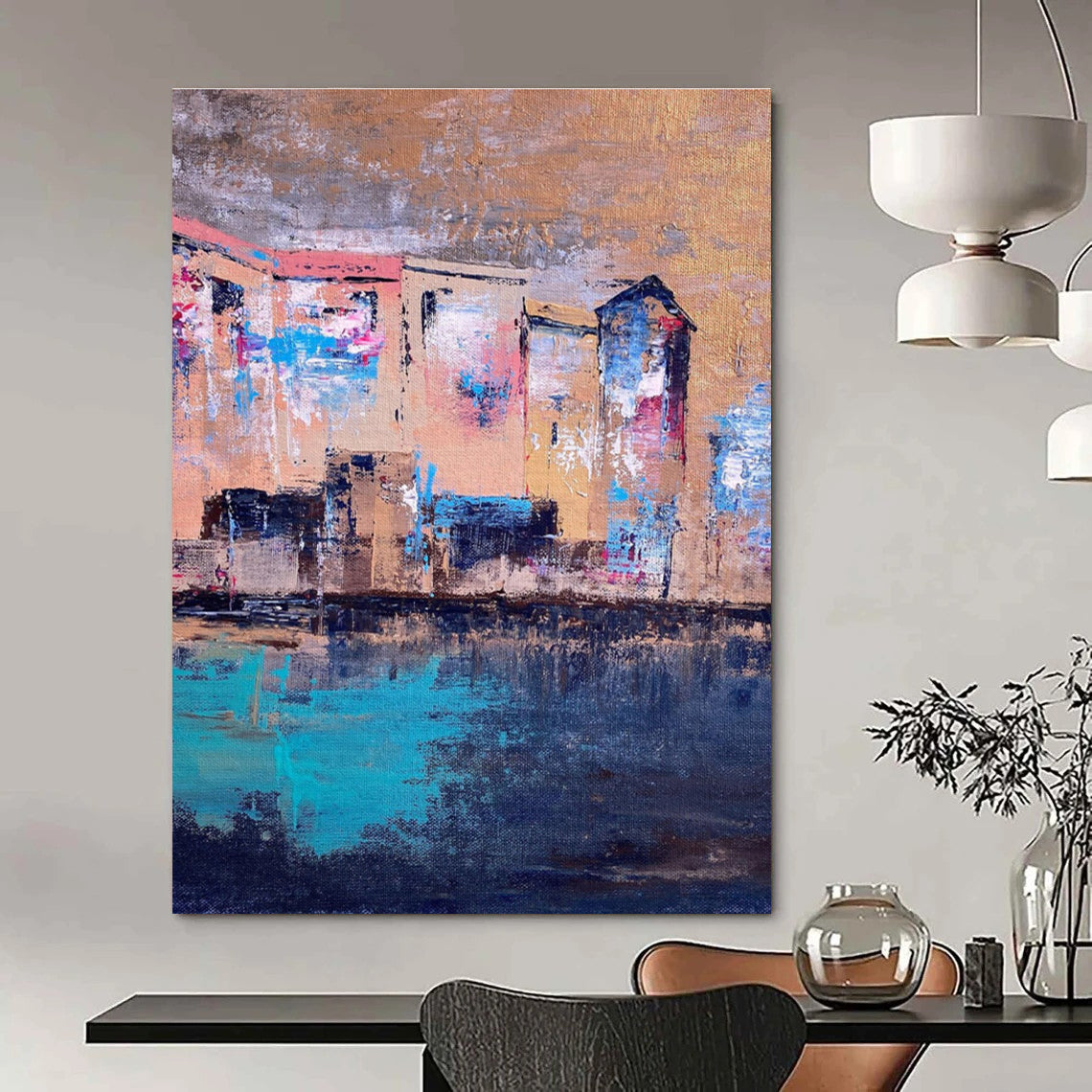 Riverside Houses Abstract Painting with Warm and Cool Tones ADGE460