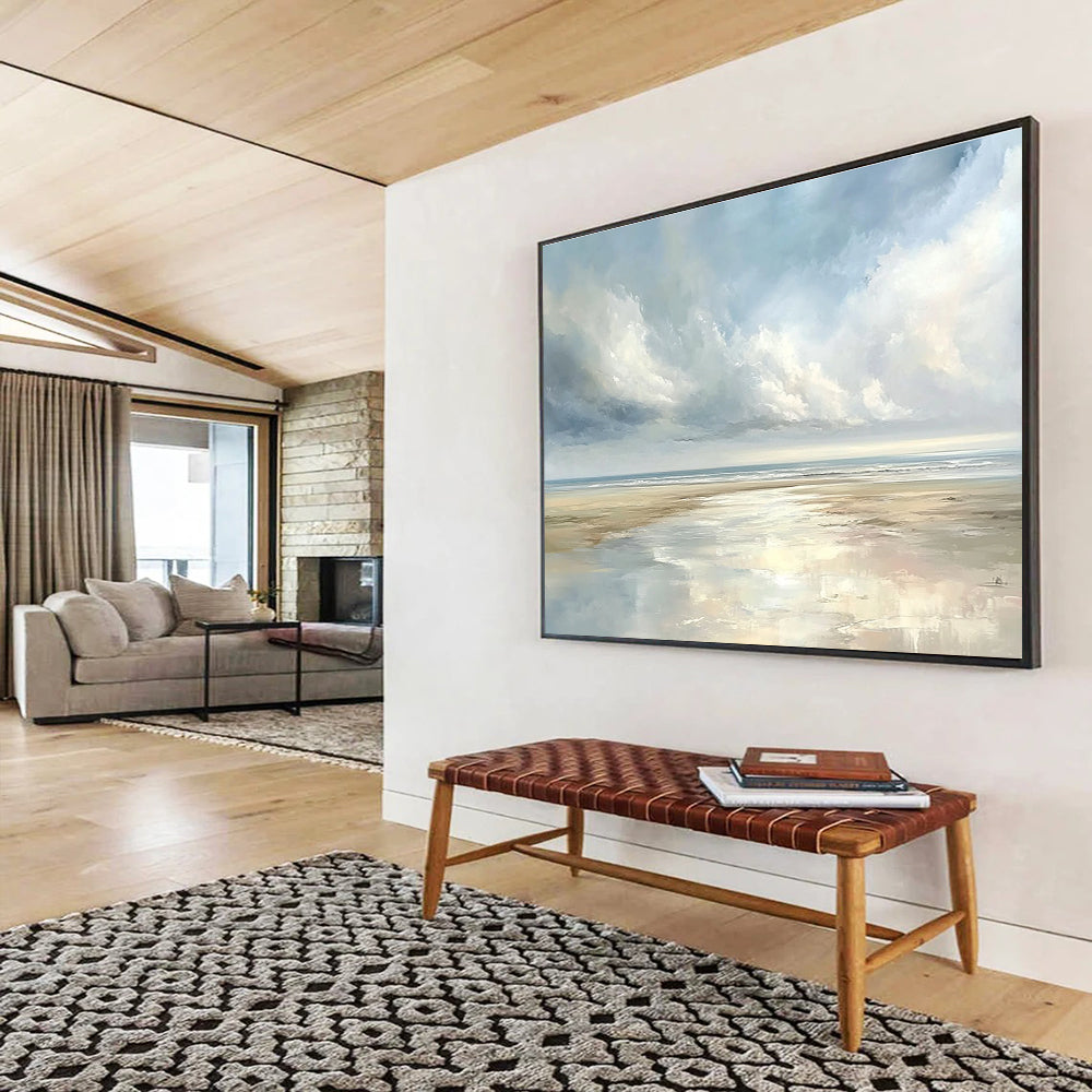 A large abstract painting depicting a serene coastal landscape with pastel skies and reflective puddles on sandy beaches, evoking tranquility.SC544
