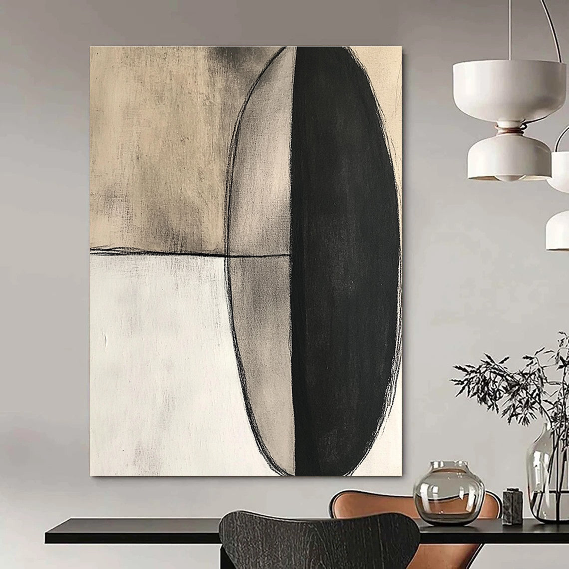 Large abstract painting featuring an oval shape in black ink and charcoal on textured cream canvas with a modern minimalistic style.STSC663