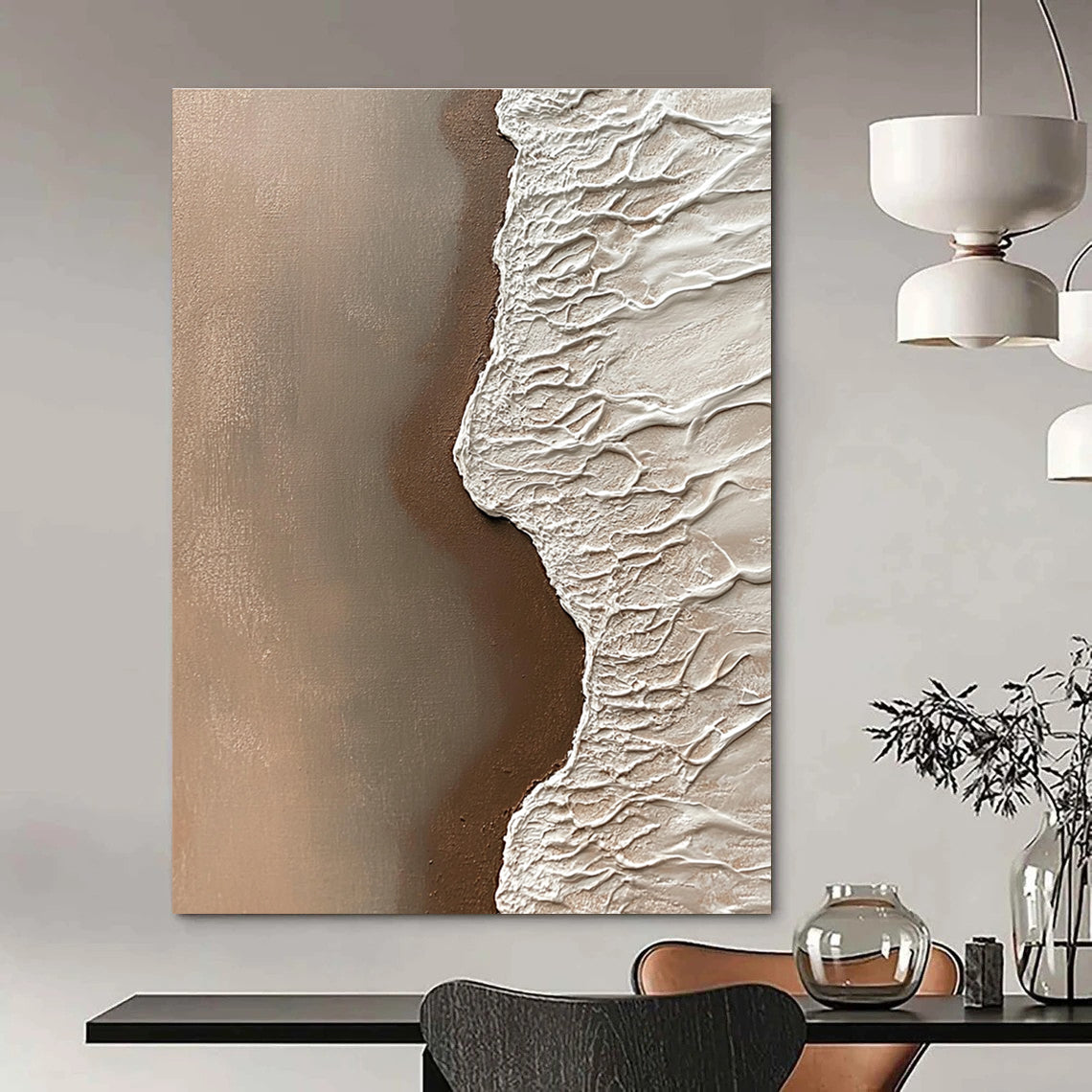 Abstract painting of sand meeting water with intricate details of grains in natural tones creating a tranquil coastal atmosphere.STSC954