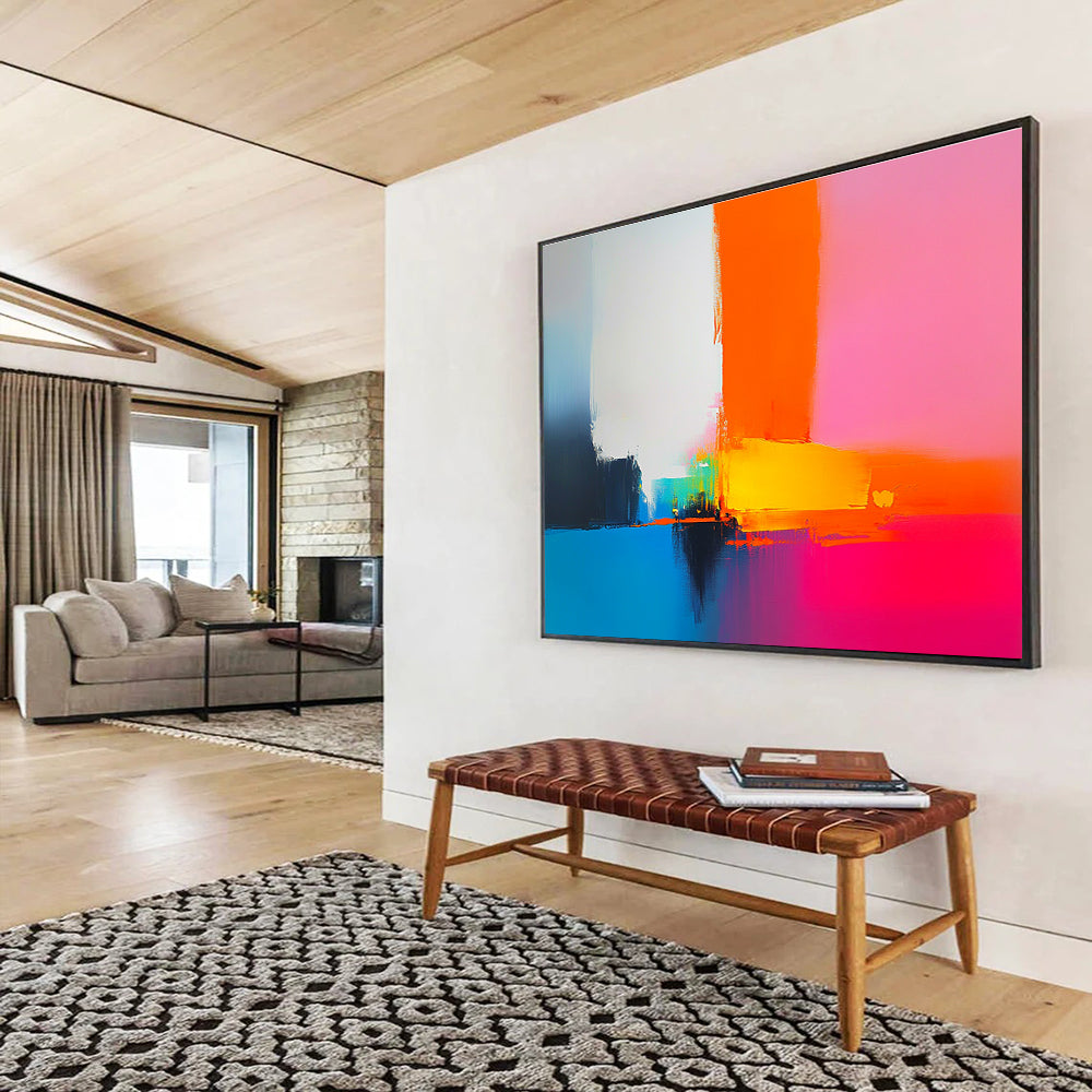 A large abstract painting featuring bold shapes and clean lines in pink orange blue yellow and white inspired by Peter Wileman's brushstrokes.SC505