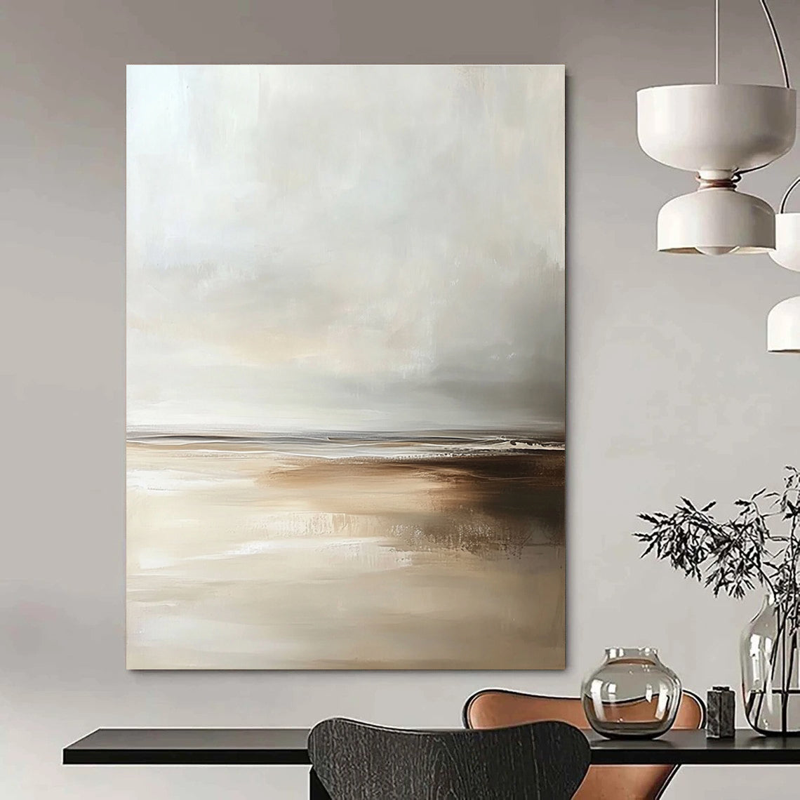 Large Abstract painting depicting a beach scene in muted tones with soft focus and an emphasis on enchanting light at the horizon.STSC018