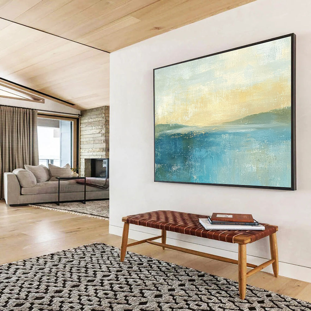 Abstract painting featuring soft colors in muted blues and greens with a pale yellow sky gentle horizon and serene sea.SC085