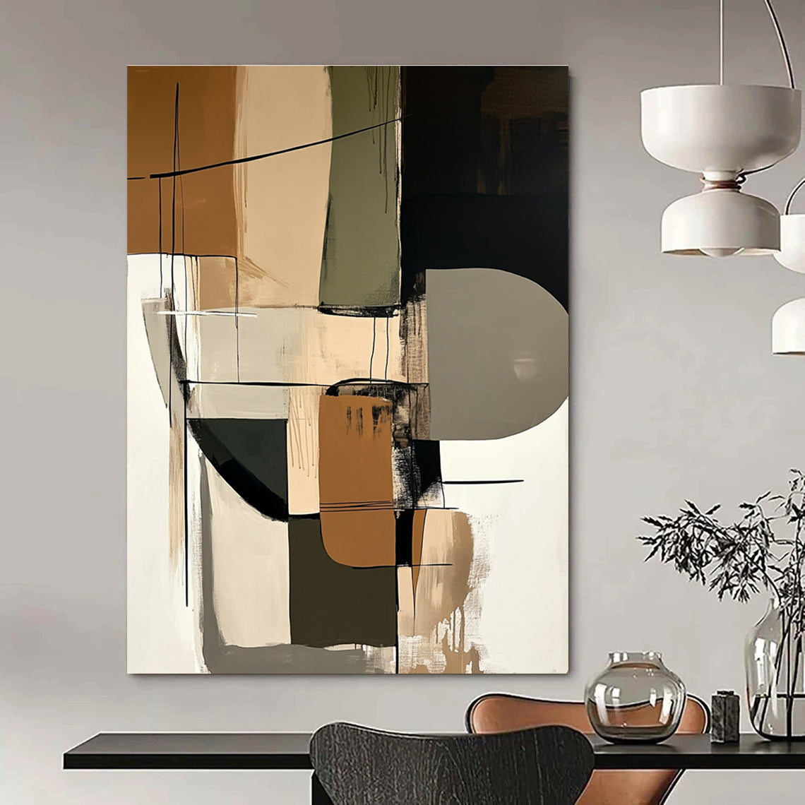 Large abstract painting featuring shapes in beige black and brown that adds sophistication to any space.STSC793