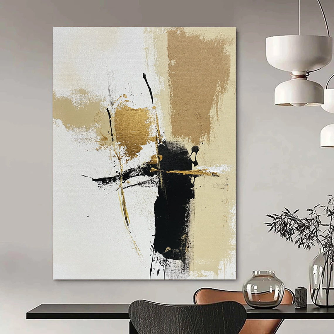 Large abstract painting featuring neutral tones with gold accents on a beige and white background highlighted by brown and black lines and brush strokes.STSC776