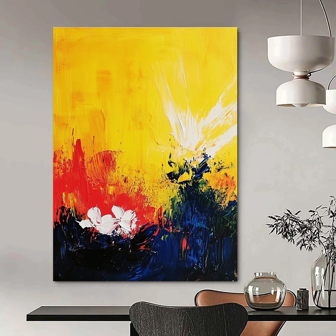 Abstract painting with a yellow background features red and blue splashes white flowers and bright sun rays in a dynamic acrylic composition.STSC407