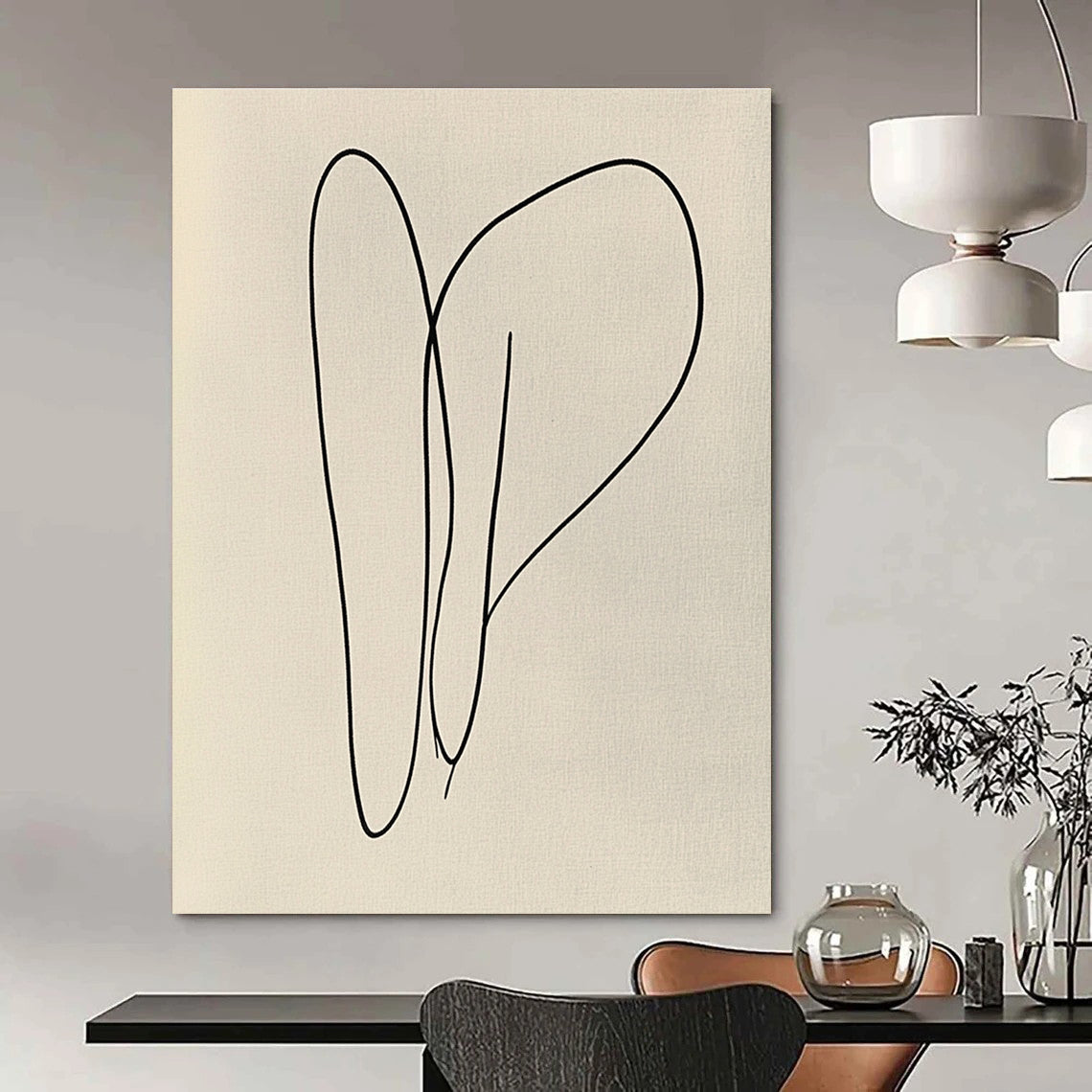 Large abstract artwork featuring bold black lines on light grey paper with organic shapes in a continuous line style evoking joy and vibrancy.STSC1182