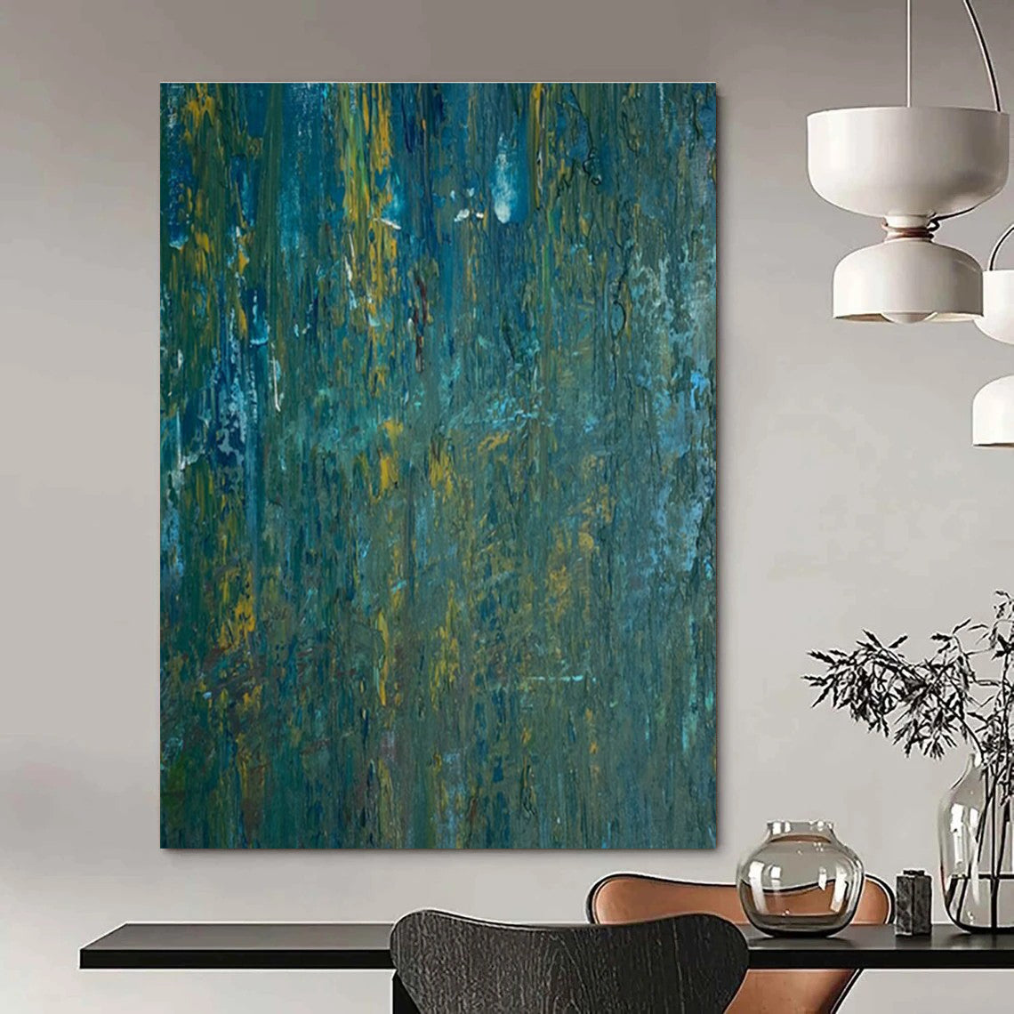 Teal - Yellow Textured Abstract Painting with Vertical Brushstrokes ADGE461