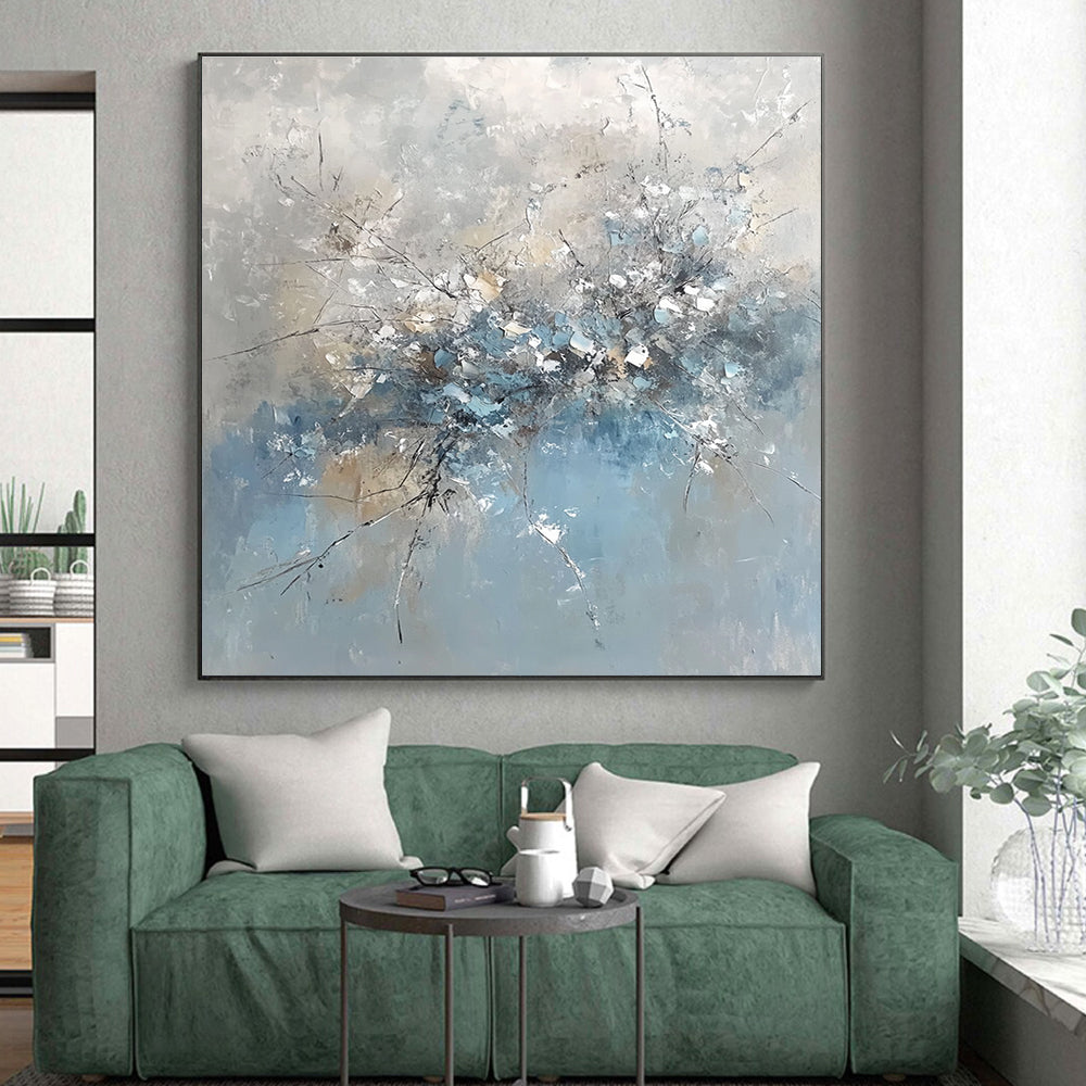 Blue and Gray Abstract Floral Painting with Textured Blooms GER653