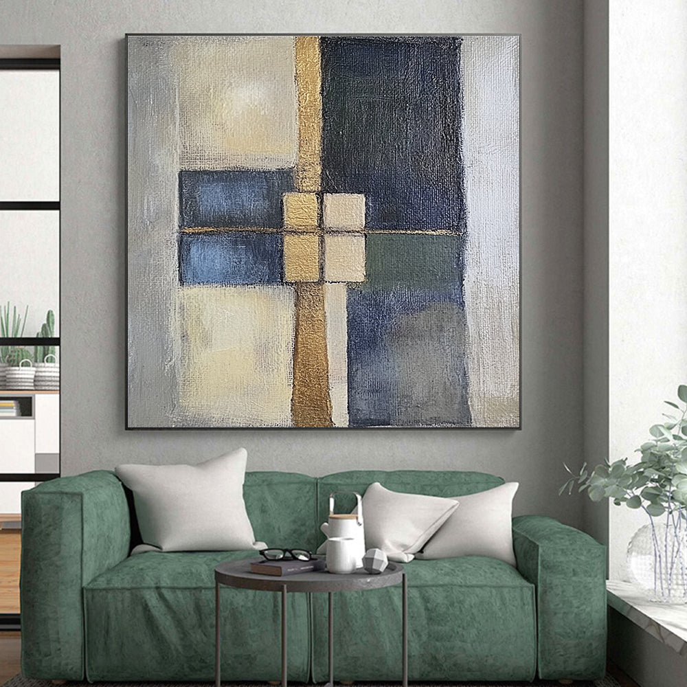Blue Gold Abstract Painting with Structured Forms GER814