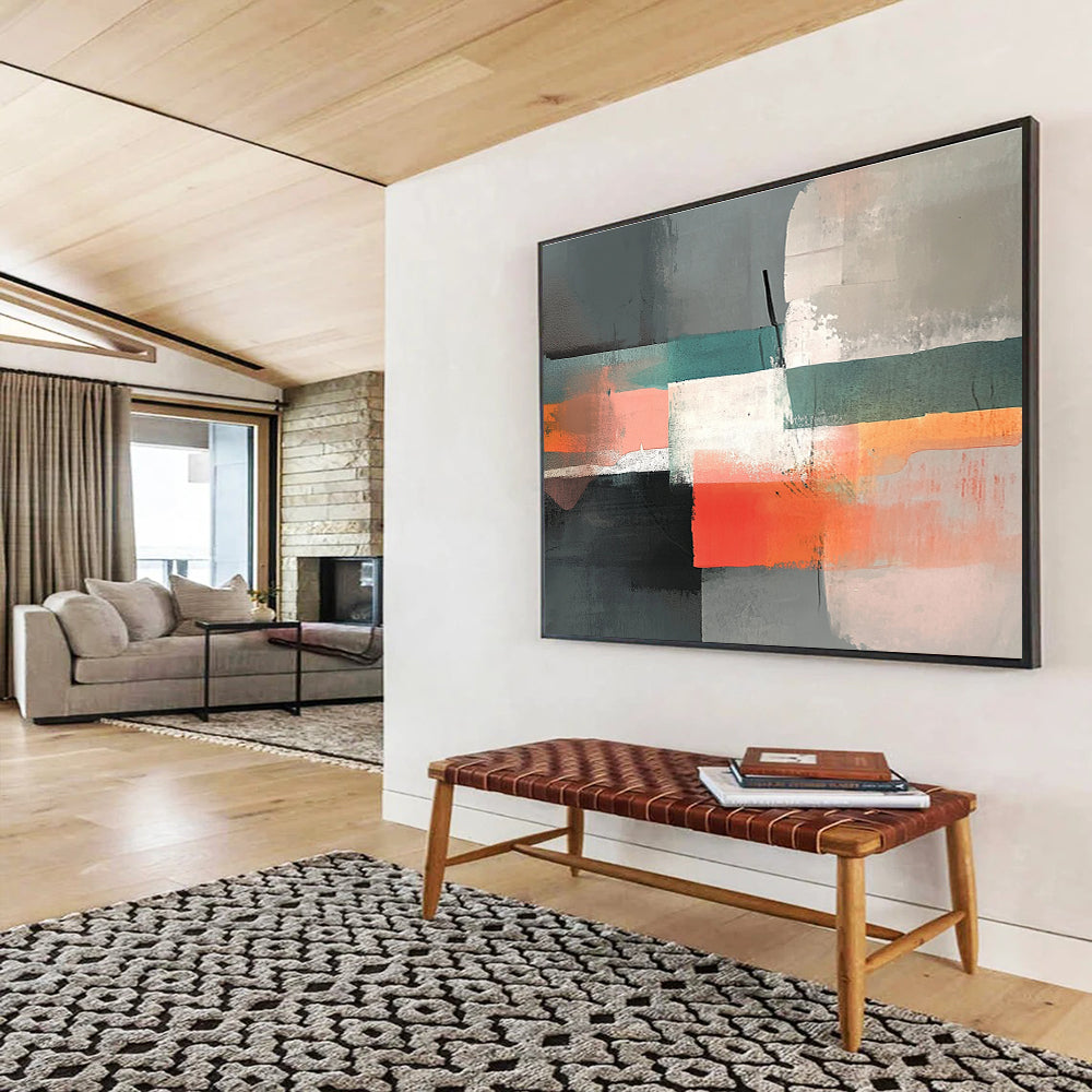 A large abstract painting featuring gray, peach, and teal colors with collage elements and low contrast for a serene atmosphere.SC374