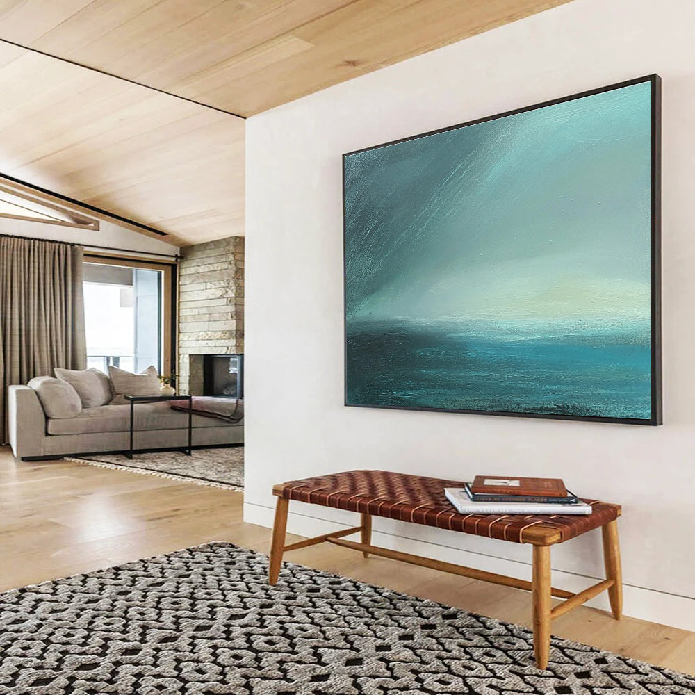 Large abstract painting in impasto technique featuring blue-green sea tones with fog and dark sky using thick, muted layers for atmospheric depth.SC497