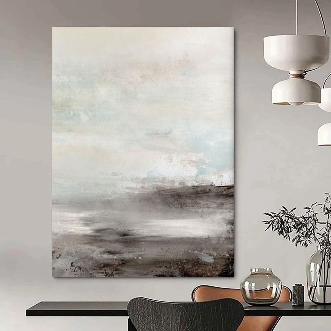 Serene Misty Coastal Abstract in Gray and Blue Painting ADGE154