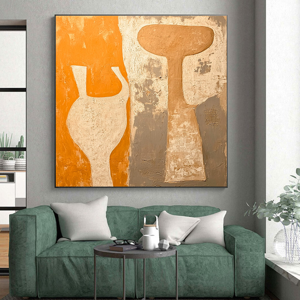 Orange Gray and Beige Vase - Shaped Abstract Painting with Textured Background GER060