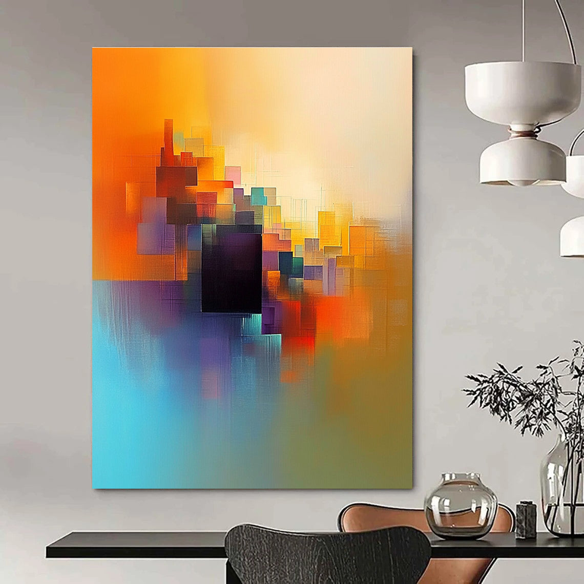 Large abstract painting featuring light orange blue and yellow colors with a serene cityscape and a central dark brown cube.STSC687