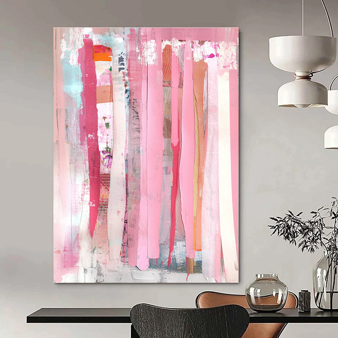 Bold abstract painting featuring peach-colored pink curtains with mixed media collage of torn paper and painted elements for a unique artistic expression.STSC1407