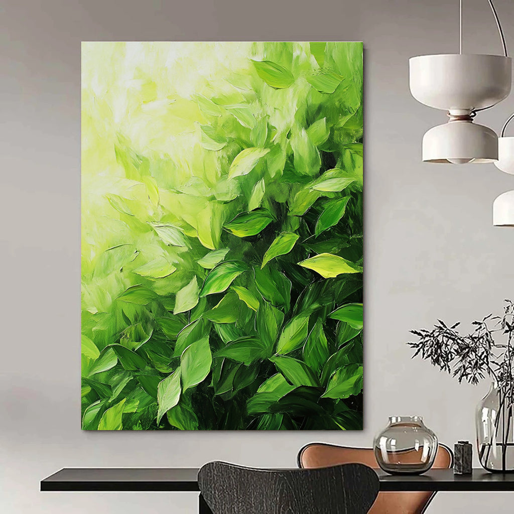 A large abstract painting of lush green tea leaves with thick brush strokes showcasing vibrant colors and dynamic composition.STSC1051