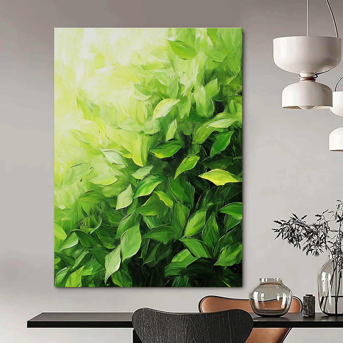 A large abstract painting of lush green tea leaves with thick brush strokes showcasing vibrant colors and dynamic composition.STSC1051