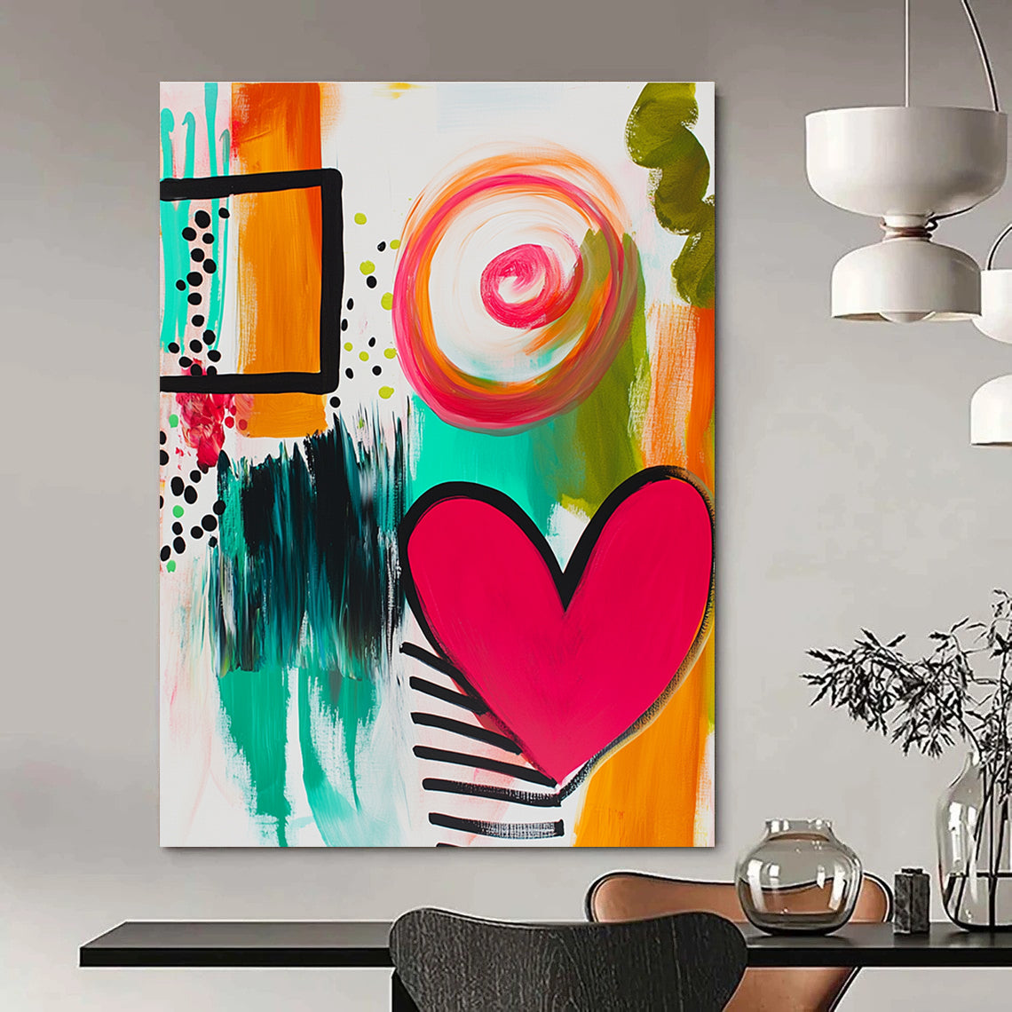 Large abstract painting featuring bold lines bright colors stripes and dots with a joyful heart shape and lively green swirls.STSC745