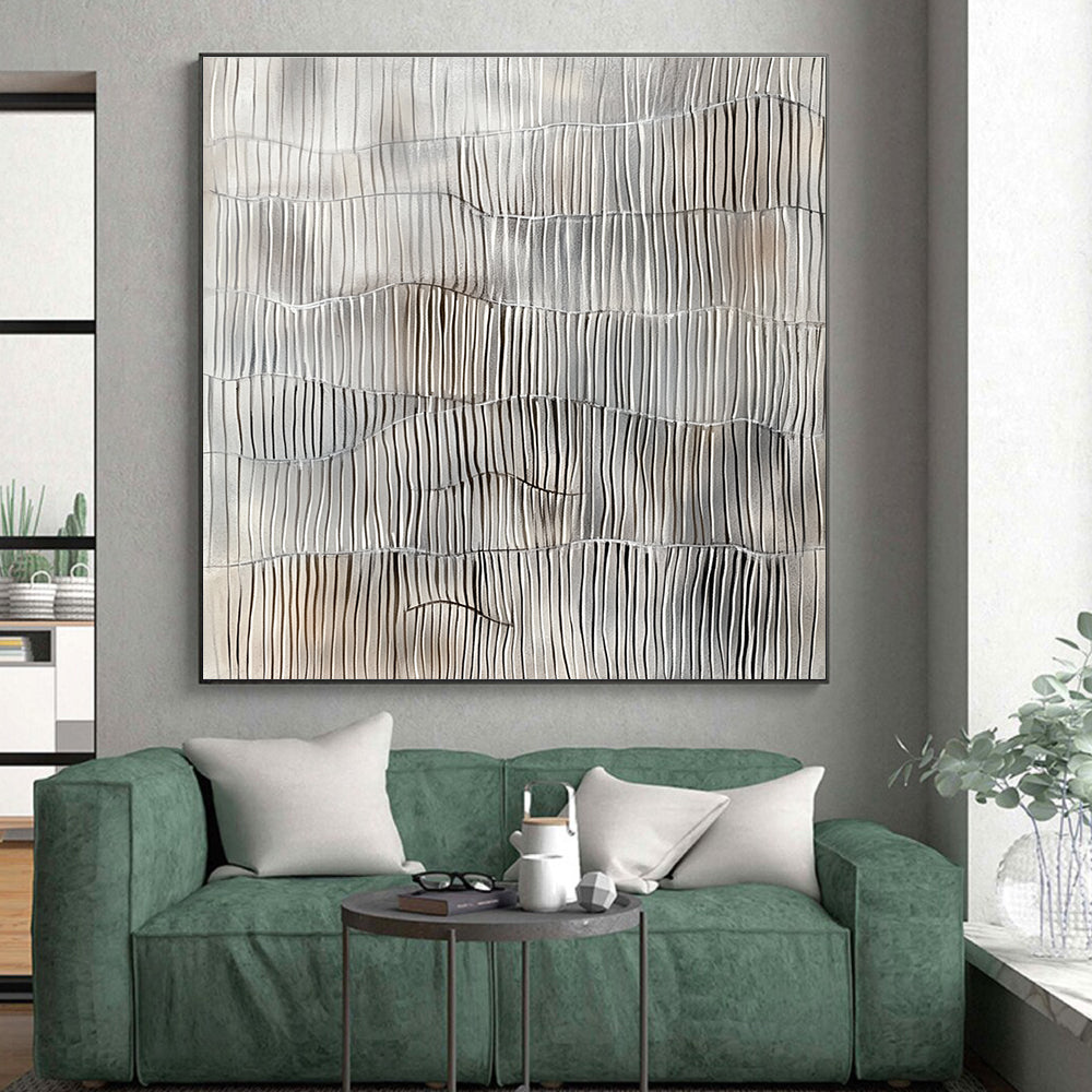 Gray and White Line Abstract Painting with Wavy Rhythms GER105