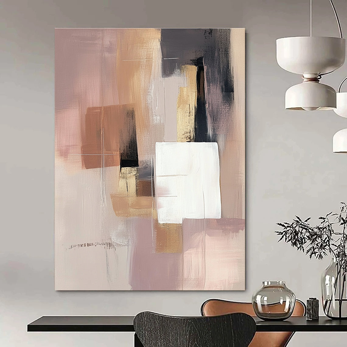 Large abstract painting in soft pink beige and grey with white squares and a brown gray shape featuring gold accents.STSC808