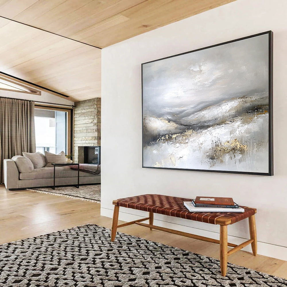 Gray and Gold Mountain Abstract Painting with Textured Peaks DYP243